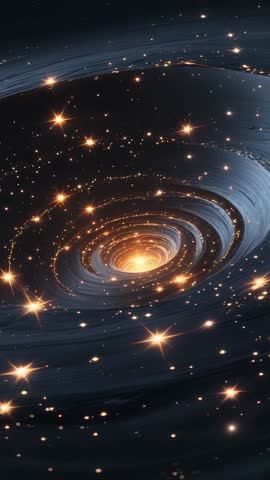 Spiral Vortex Rotating Through Deep Space With Glowing Golden Stars Vertical Cosmic Loop