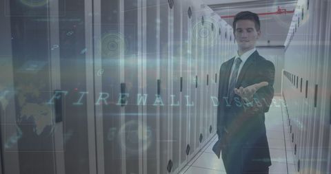 Businessman Interacting with Virtual Firewall Security in Server Room - Download Free Stock Images Pikwizard.com