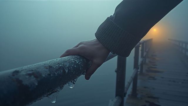 Misty lakeside pier scene with hand gripping icy railing