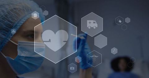 Nurse preparing injection with digital health hud overlay showing vitals and medical icons