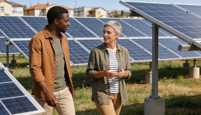 Technicians walking and inspecting solar panels at suburban community solar farm