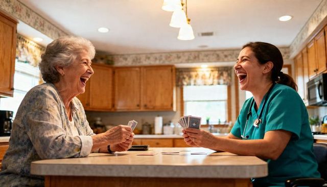Caregiver in teal scrubs and senior woman laughing while playing cards at kitchen table