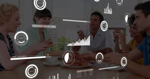 Team sharing coffee and pastries with augmented reality data overlays in office collaboration meetin