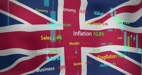 Data visualization overlaid on uk flag highlighting economic trends