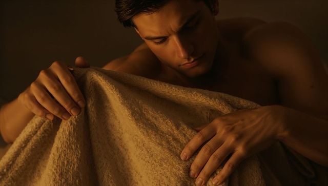 Man smoothing beige towel in warm amber light, intimate torso and hands portrait