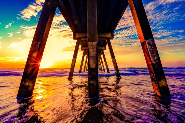 Captures dramatic sunset scene under ocean pier with vibrant colors reflected on water and sky. Perfect for prints, backgrounds, travel blogs, inspirational content and decor.
