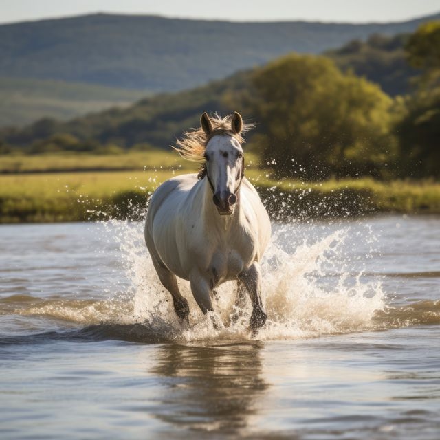 This image shows a majestic white horse running through a river, creating splashes of water under the sunlight. The background features lush green mountains under a clear sky, showcasing a peaceful nature setting. Use for themes such as freedom, nature, wilderness, and equestrian activities.