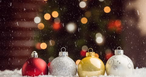 Festive Christmas Baubles with Snowfall and Bokeh Lights
