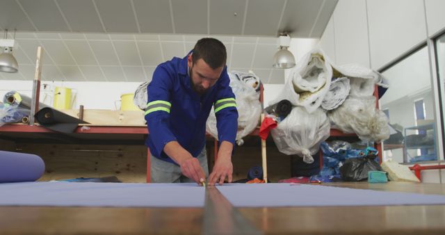 Factory Worker Measuring Fabric on Workshop Table - Download Free Stock Images Pikwizard.com