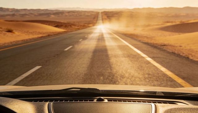 Driving toward desert horizon on endless highway from car dashboard with sun glare