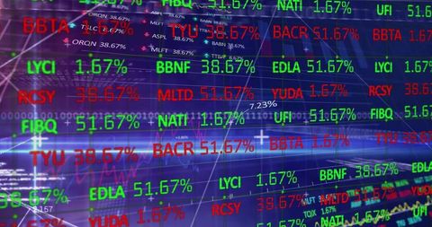 Neon Stock Market Ticker Display Showing Realtime Percentages, Line Charts and Market Data