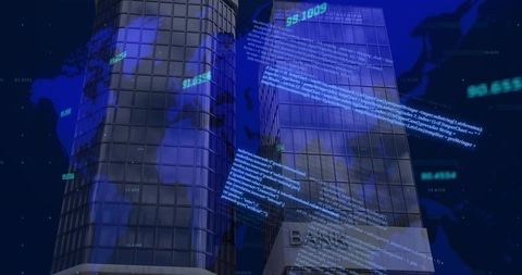 Global financial towers showing floating code and data overlays in blue night skyline
