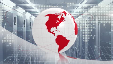 Futuristic Spinning Globe and Server Room Technology Concept