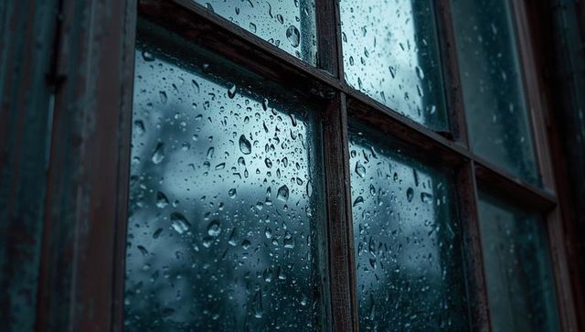 Rainy Mood Droplets on Rustic Windowpane