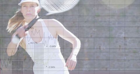 Female tennis player swinging racket with digital performance overlay