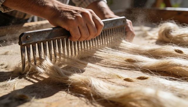 Hand combing flax fibers in sunlight closeup for traditional linen textile craft