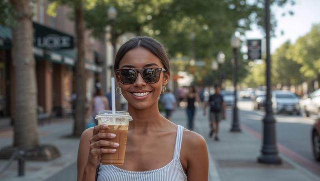 Smiling woman holding iced coffee on sunlit downtown sidewalk wearing sunglasses