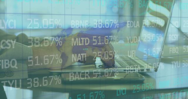 Image of stock market data on a board processing over the hands of a Caucasian man using a laptop computer. Technology finance stock market trading concept, digital composite image