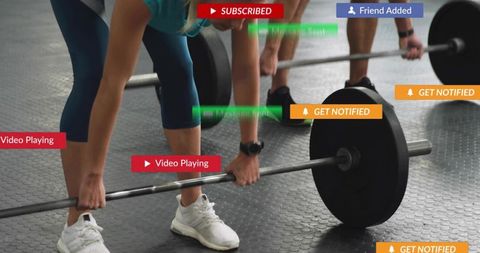 Pair Preparing Heavy Deadlifts in Gym with UI Overlays, Strength Training Concept