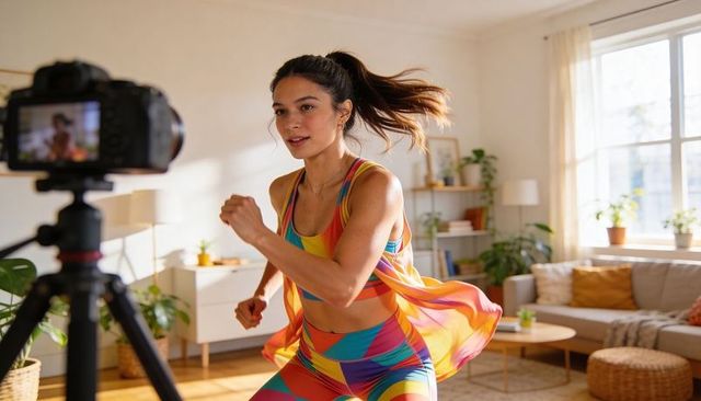 Vibrant home cardio filming with creator exercising in colorful activewear in bright living room