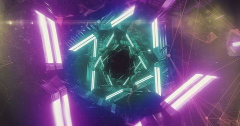 Neon hexagonal vortex tunnel pulling toward dark void with cyan magenta light bars, wireframe