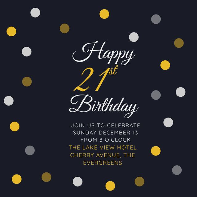 Perfect for announcing and celebrating a special 21st birthday milestone, this template features a refined design with gold and black dots on a dark background. Suitable for sophisticated events and can be used for digital or printed invitations.