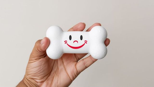 Hand holding white bone dog toy with smiling face on neutral background