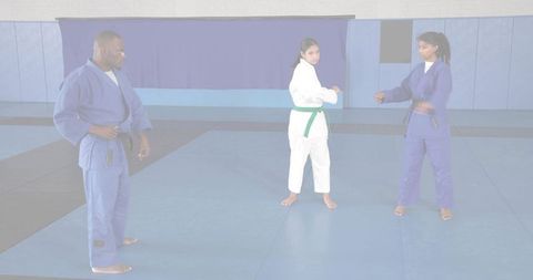 Martial arts instructor guiding students practicing judo sparring on dojo mats
