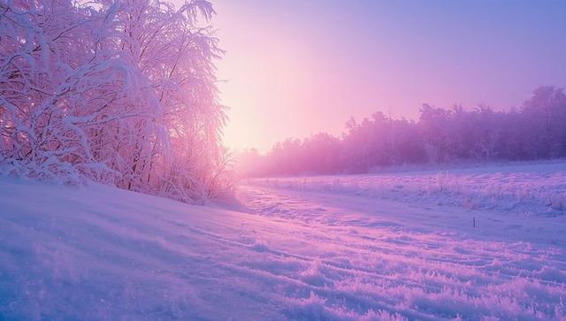 Sunlit Pastel Winter Meadow with Frosted Snow, Snow-Covered Trees and Soft Hazy Dawn Glow