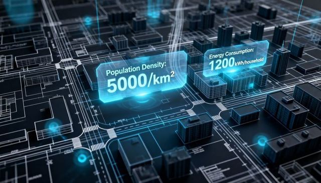 Smart city dashboard with holographic population density and energy consumption displays