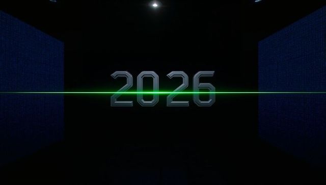 2026 metallic numerals being bisected by green laser on futuristic neon stage