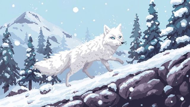Pixel art arctic fox traversing snowy mountain slope with blue eyes, winter evergreens