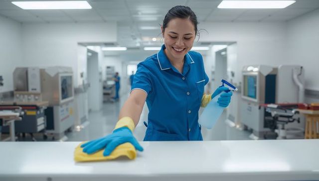 Smiling healthcare cleaner cleaning sterile lab counter wearing blue uniform and gloves