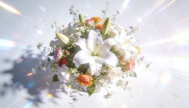 Floating white lily and orange rose bouquet glowing with radiant lens flare on high-key backdrop