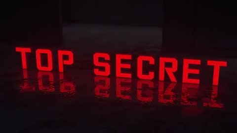 Glowing TOP SECRET letters flickering on wet floor casting red reflections in dark chamber