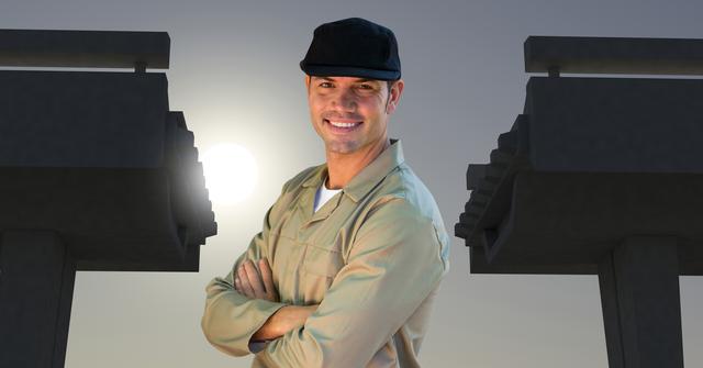 Construction worker standing with arms crossed, smiling in confidence at a worksite. Useful for illustrating concepts related to work ethic, job satisfaction, and professionalism in the construction industry. Could be used in promotional materials, advertisements, or educational content regarding laborers and contractors in the infrastructure sector.