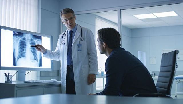 Physician pointing at chest x-ray on monitor while consulting patient in modern clinic