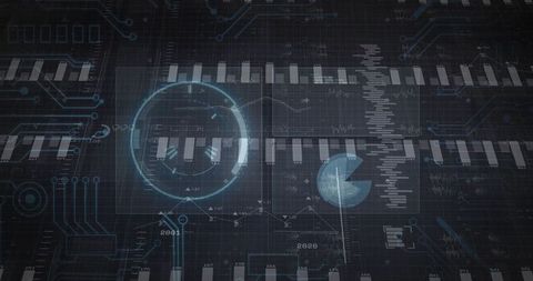 Futuristic digital interface with charts and analytics on grid background