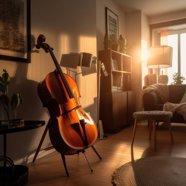 Focuses on a beautifully crafted cello illuminated by warm sunlight in a modern living room. Wooden floor and cozy decor accentuate the comfortable and elegant ambiance. Ideal for using in articles, blogs, music event promotions, or interior design inspiration content.