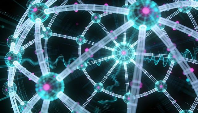 Glowing spherical lattice forming virtual neural network with rotating node cores