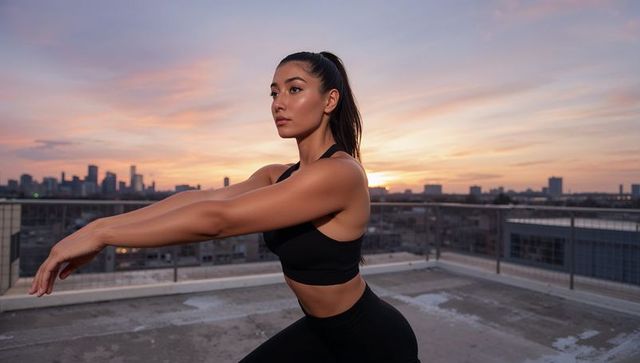 Sunset rooftop squat: athletic woman doing workout in black sportswear over city skyline