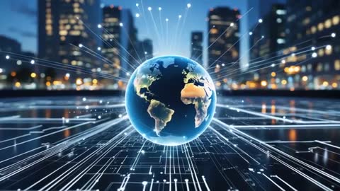 Global Technology Network with Connected Earth Over City Skyline