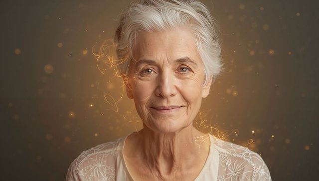 Serene senior woman smiling with golden bokeh halo, silver hair, lace blouse, soft studio portrait