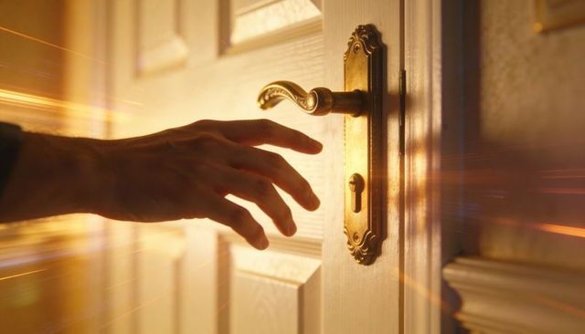 Hand reaching for ornate brass door handle with golden sunlight streaks and lens flare