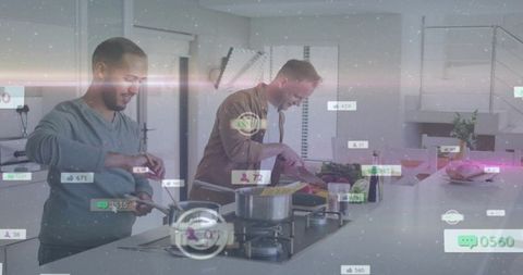 Two men cooking and chopping vegetables in modern kitchen with social media ui overlays