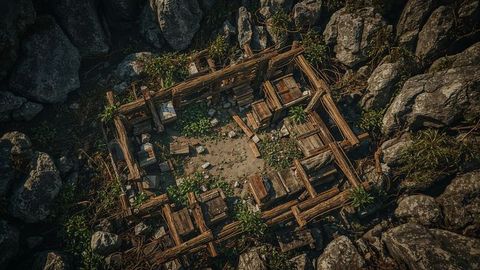 Wooden Beam Framework on Rocky Hillside with Vegetation