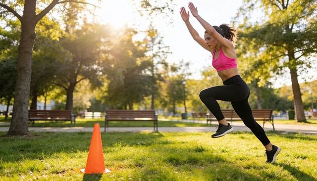 Female athlete jumping over orange cone in sunlit park during dynamic outdoor training