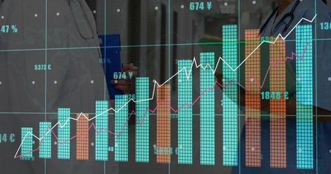 Healthcare finance analytics with medical staff and digital graph