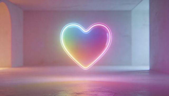 Floating neon heart with rainbow glow in minimalist concrete gallery interior