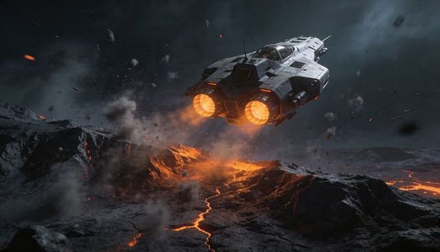 Armored spacecraft hovering above volcanic crater, glowing thrusters lighting molten lava